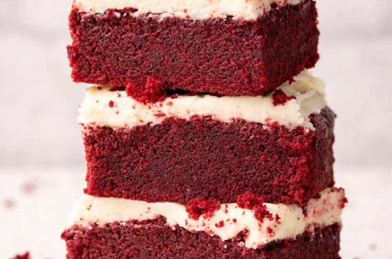 Delicious Red Velvet Brownie Bites topped with cream cheese frosting.