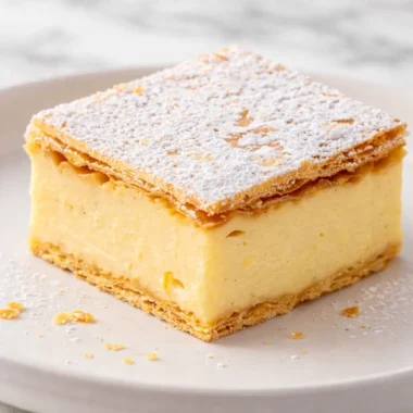 Delicious Australian vanilla slice with creamy custard and flaky pastry layers.