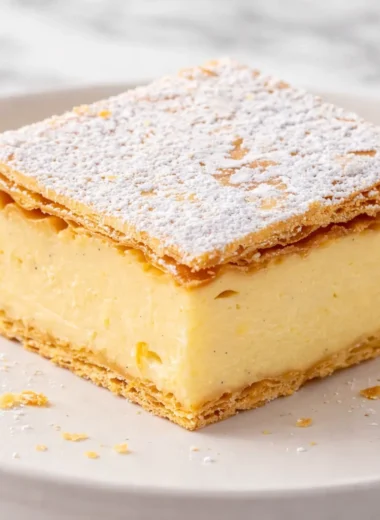 Delicious Australian vanilla slice with creamy custard and flaky pastry layers.