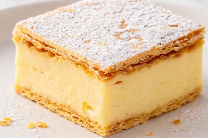 Delicious Australian vanilla slice with creamy custard and flaky pastry layers.