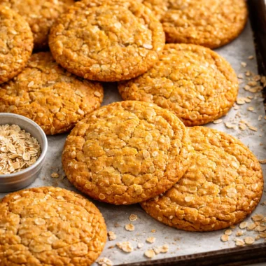 Anzac biscuits made with oats, coconut, and golden syrup, a traditional Australian treat.