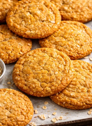 Anzac biscuits made with oats, coconut, and golden syrup, a traditional Australian treat.
