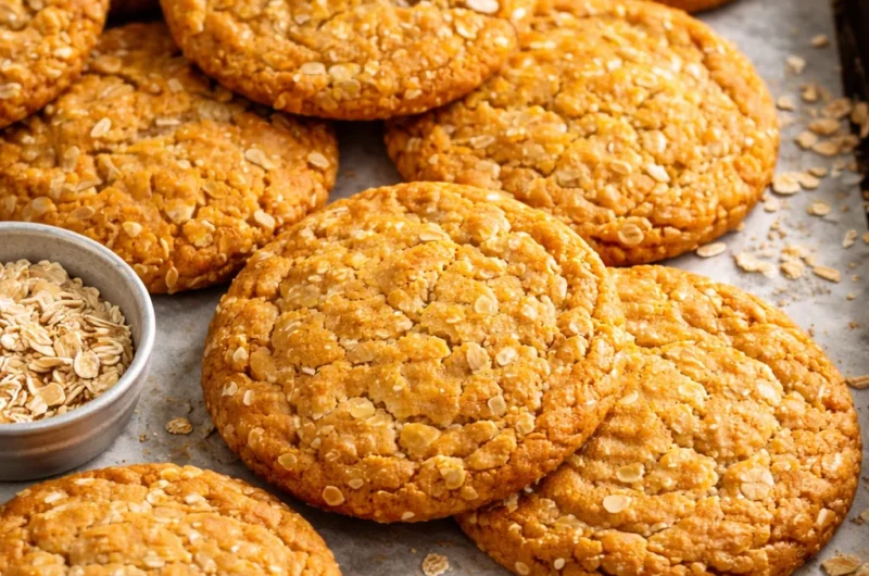 Anzac biscuits made with oats, coconut, and golden syrup, a traditional Australian treat.