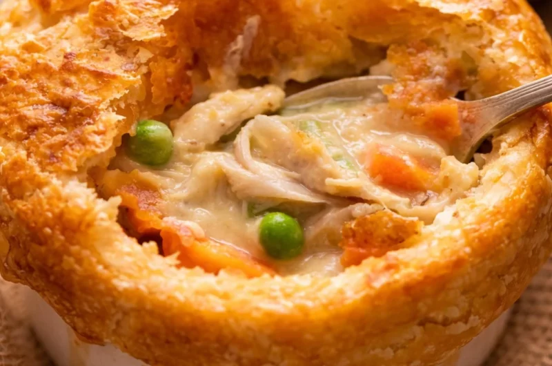 Delicious Australian chicken pie with creamy filling and flaky pastry crust.