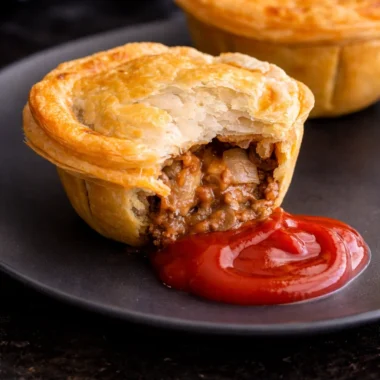 Delicious Australian party pies with flaky pastry and savory beef filling on a plate.