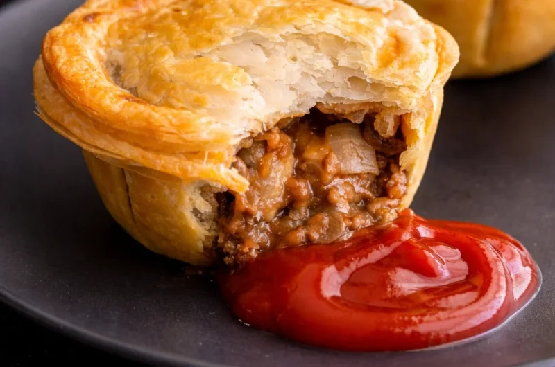 Delicious Australian party pies with flaky pastry and savory beef filling on a plate.