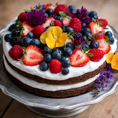 Delicious Chocolate Cake with Fresh Fruits and Coconut Bliss 37 Chocolate Cake with Fresh Fruits and Coconut whipped cream topped with berries