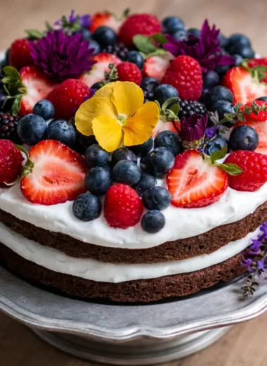 Chocolate Cake with Fresh Fruits and Coconut whipped cream topped with berries
