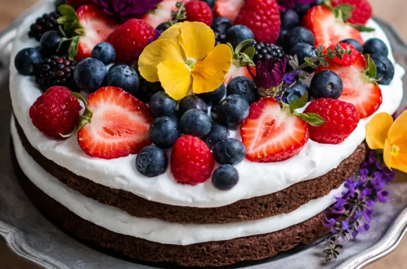 Chocolate Cake with Fresh Fruits and Coconut whipped cream topped with berries