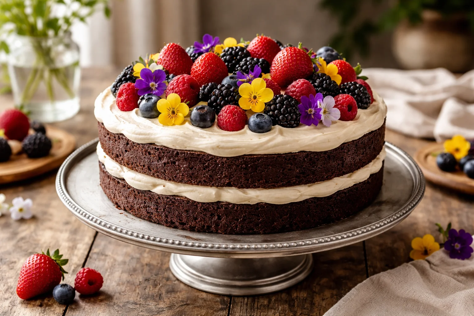 Delicious Chocolate Cake with Fresh Fruits and Coconut Bliss