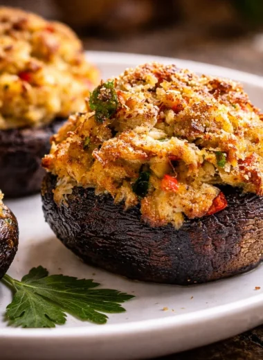 Delicious Crab Stuffed Portobello Mushrooms topped with cheese and herbs