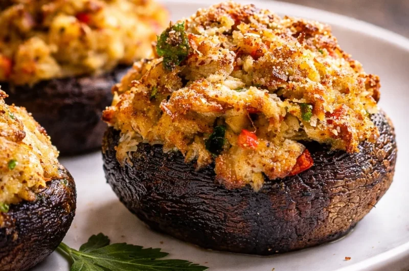 Delicious Crab Stuffed Portobello Mushrooms topped with cheese and herbs