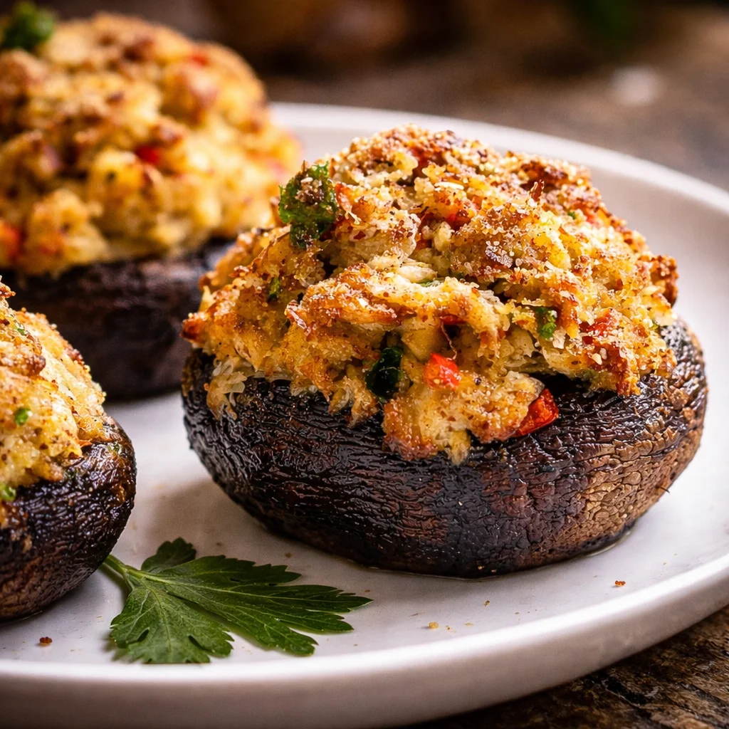 Delicious Crab Stuffed Portobello Mushrooms topped with cheese and herbs