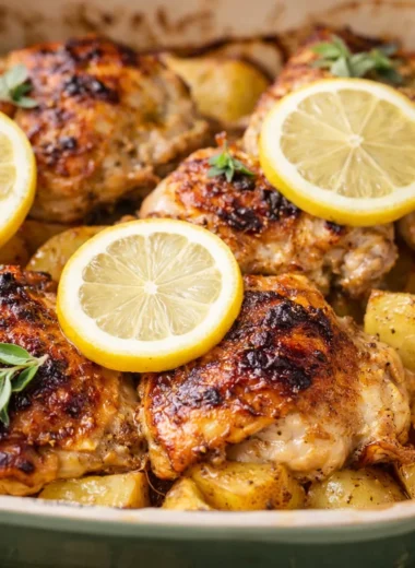Plate of Greek Lemon Chicken with Crispy Potatoes in a garlicky lemon sauce.