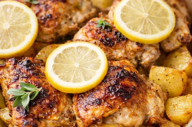 Plate of Greek Lemon Chicken with Crispy Potatoes in a garlicky lemon sauce.