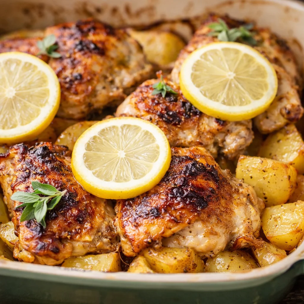 Delicious Greek Lemon Chicken with Crispy Potatoes - One Pan Wonder 33 Plate of Greek Lemon Chicken with Crispy Potatoes in a garlicky lemon sauce.