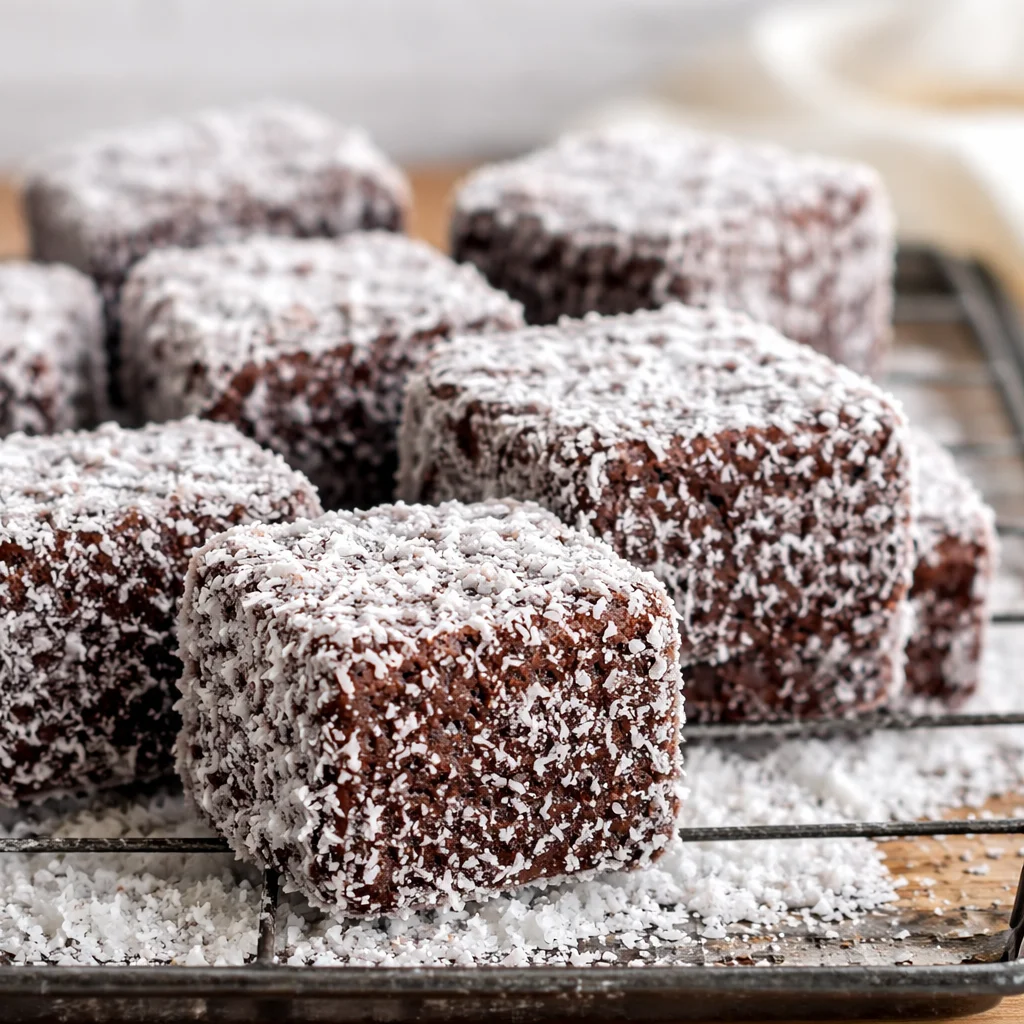 Delicious homemade lamingtons made with fluffy sponge cake, chocolate glaze, and coconut.