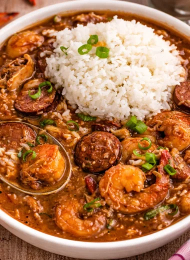 Delicious Louisiana Seafood Gumbo with shrimp, crab, and andouille sausage served over rice.
