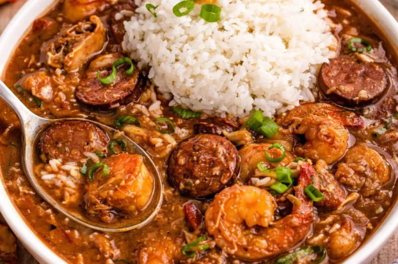 Delicious Louisiana Seafood Gumbo with shrimp, crab, and andouille sausage served over rice.