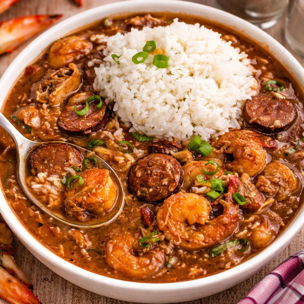 Delicious Louisiana Seafood Gumbo with shrimp, crab, and andouille sausage served over rice.