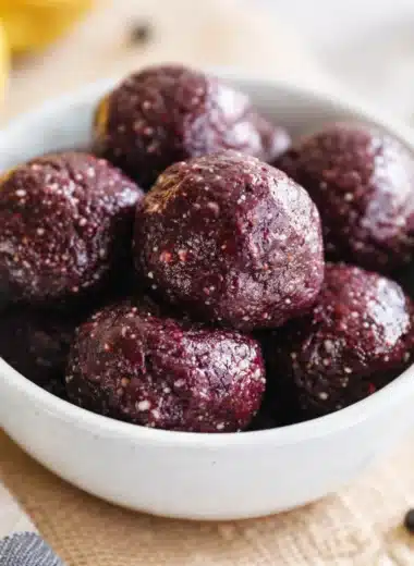 Healthy Blueberry Protein Balls with oats, protein powder, and dried blueberries