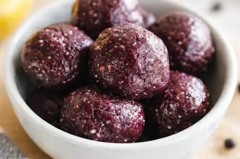 Healthy Blueberry Protein Balls with oats, protein powder, and dried blueberries