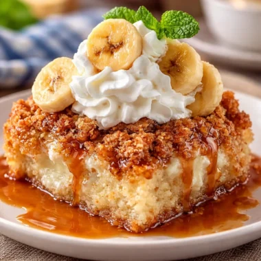 Delicious Southern Banana Cobbler topped with pecan streusel and ripe bananas.