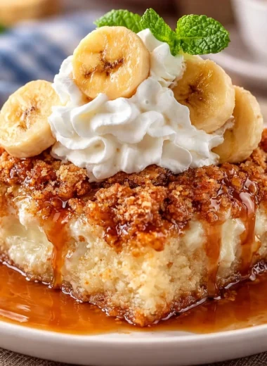 Delicious Southern Banana Cobbler topped with pecan streusel and ripe bananas.