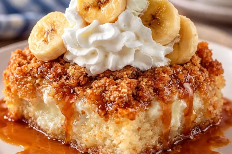 Delicious Southern Banana Cobbler topped with pecan streusel and ripe bananas.