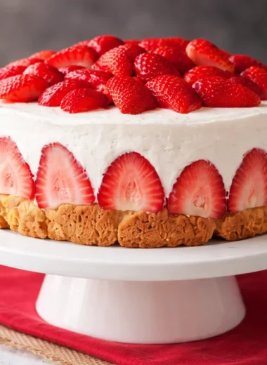 Delicious Strawberry Shortcake Cheesecake with layers of strawberries and creamy cheesecake.