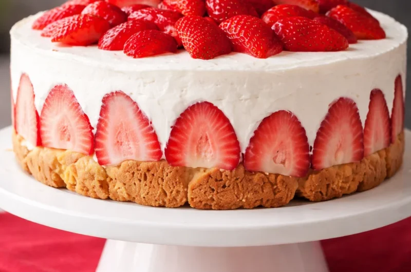 Delicious Strawberry Shortcake Cheesecake with layers of strawberries and creamy cheesecake.