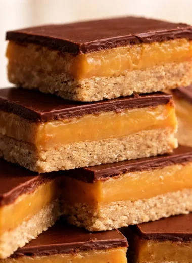 Delicious Australian caramel slice with coconut biscuit base and chocolate topping