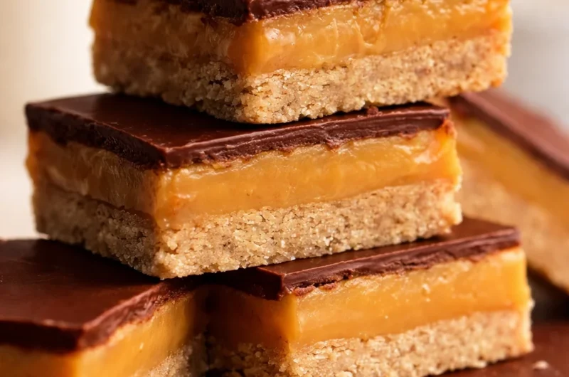Delicious Australian caramel slice with coconut biscuit base and chocolate topping