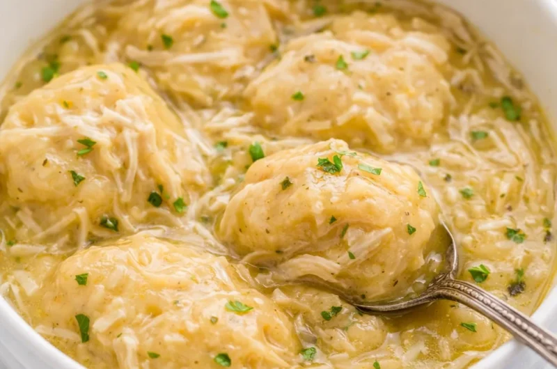 Bowl of creamy Crockpot Chicken and Dumplings with tender chicken and fluffy dumplings.