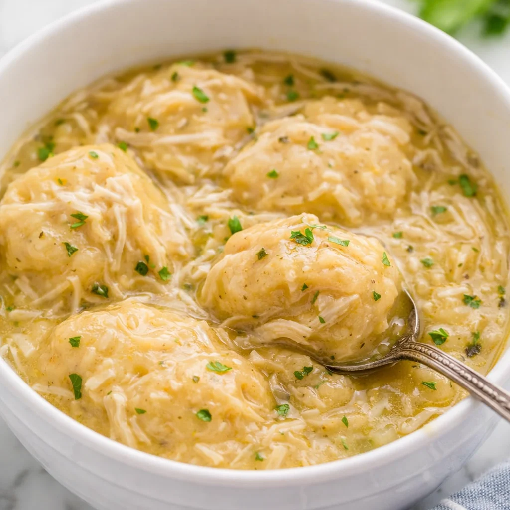 Deliciously Easy Crockpot Chicken and Dumplings You’ll Love! 33 Bowl of creamy Crockpot Chicken and Dumplings with tender chicken and fluffy dumplings.