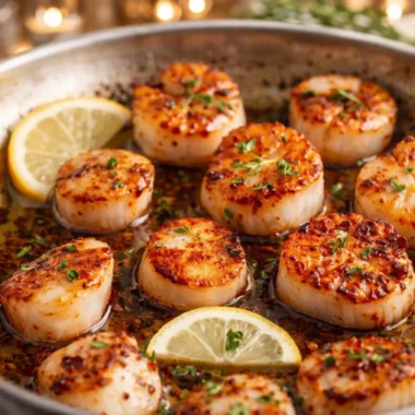 Garlic Butter Scallops with White Wine Sauce served elegantly on a plate.