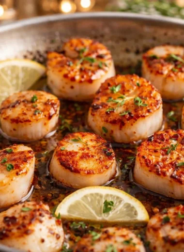 Garlic Butter Scallops with White Wine Sauce served elegantly on a plate.