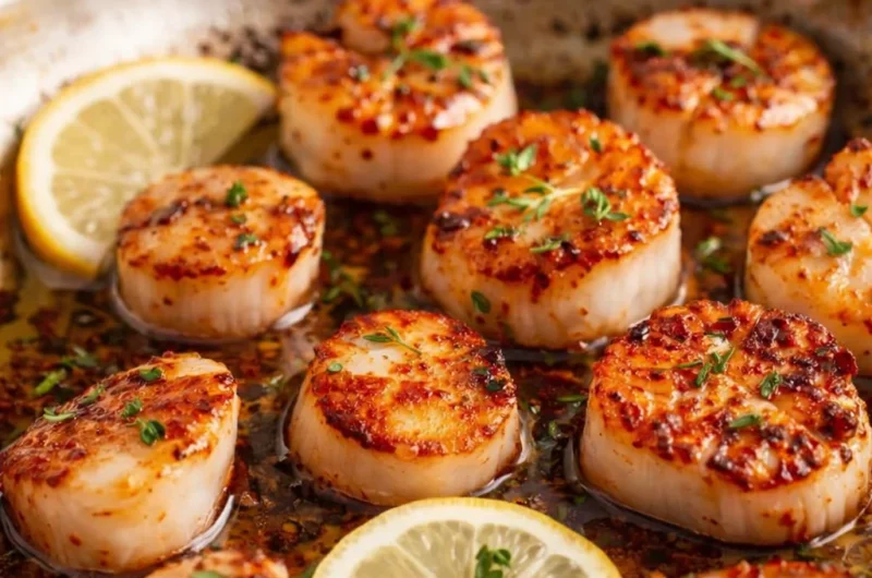 Garlic Butter Scallops with White Wine Sauce served elegantly on a plate.