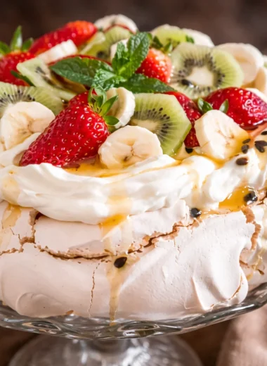 Delicious Australian pavlova with a crisp meringue shell and fresh berry topping.