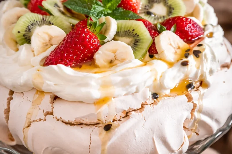 Delicious Australian pavlova with a crisp meringue shell and fresh berry topping.