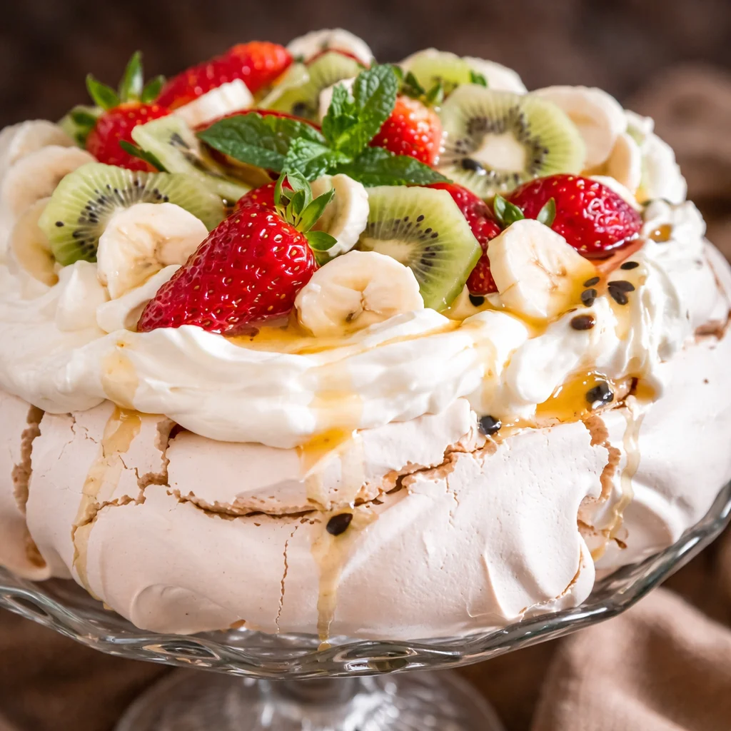 Delicious Australian pavlova with a crisp meringue shell and fresh berry topping.