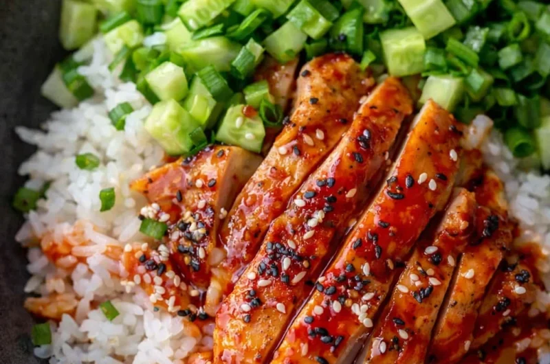 Delicious Korean Gochujang Chicken Rice Bowl with fresh vegetables and spicy sauce