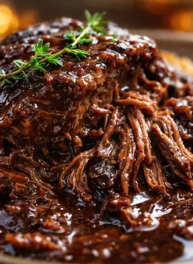 Tender braised short ribs in rich red wine sauce served with vegetables.
