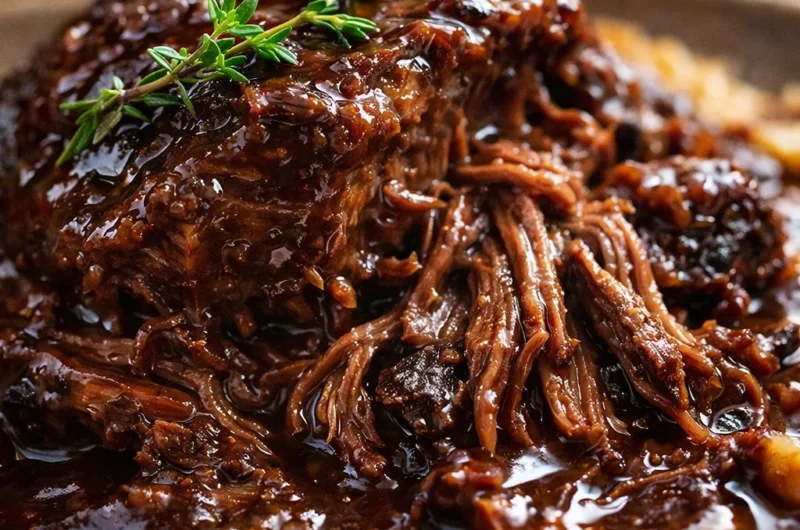 Tender braised short ribs in rich red wine sauce served with vegetables.