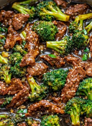 Mongolian Beef served with broccoli, showcasing a thick Asian-inspired sauce.