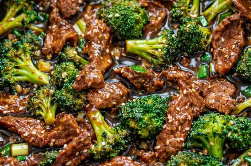 Mongolian Beef served with broccoli, showcasing a thick Asian-inspired sauce.