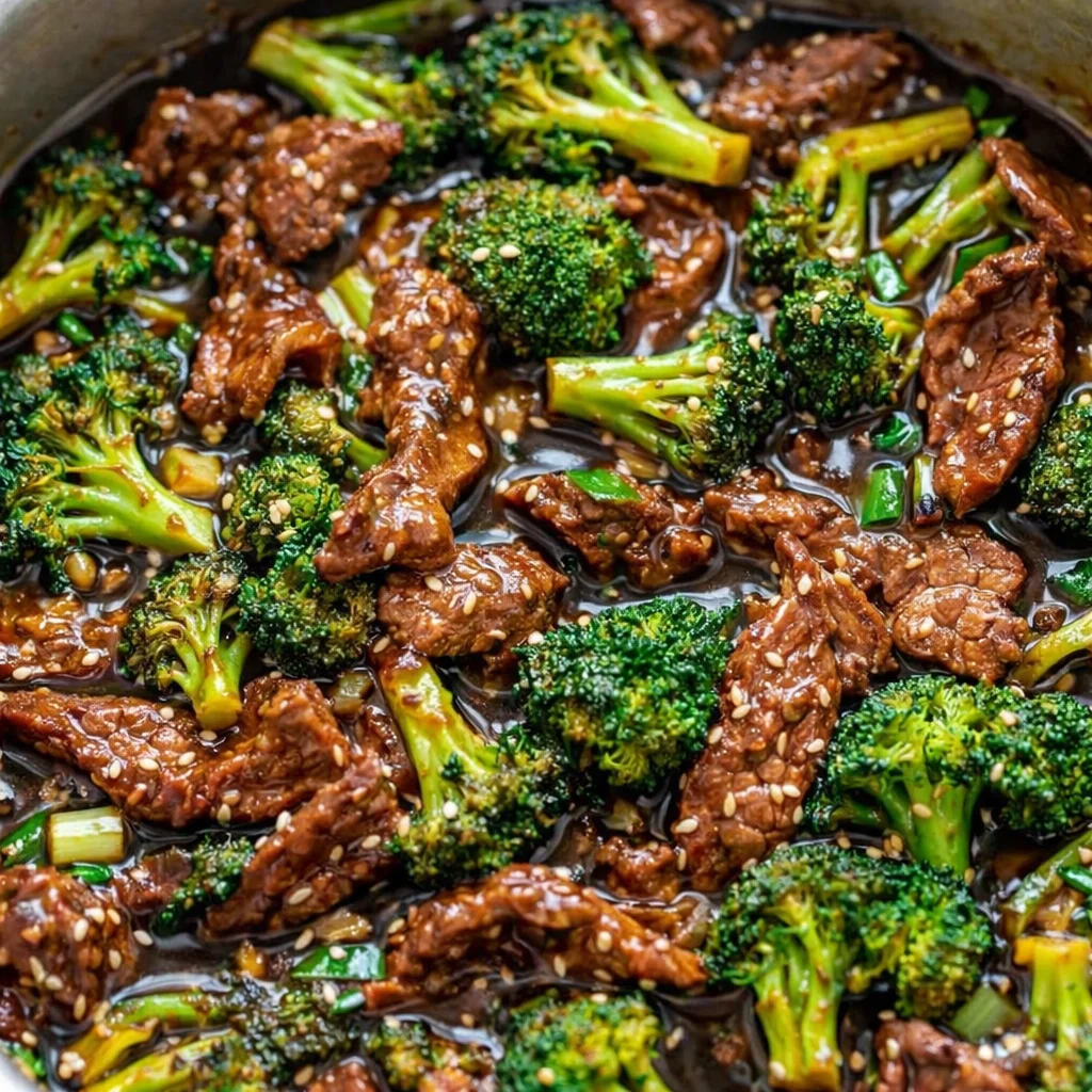 Mongolian Beef served with broccoli, showcasing a thick Asian-inspired sauce.