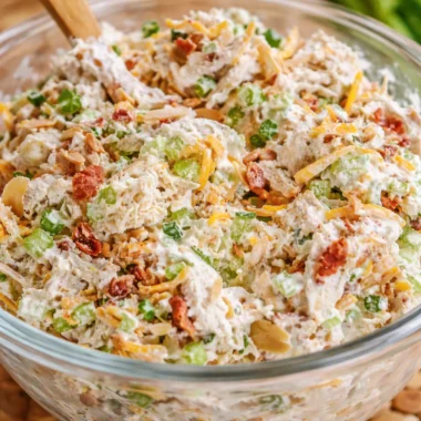 Delicious Million Dollar Chicken Salad with chicken, bacon, and creamy dressing.