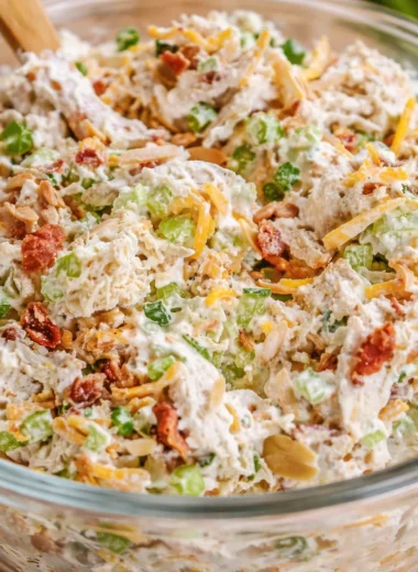 Delicious Million Dollar Chicken Salad with chicken, bacon, and creamy dressing.