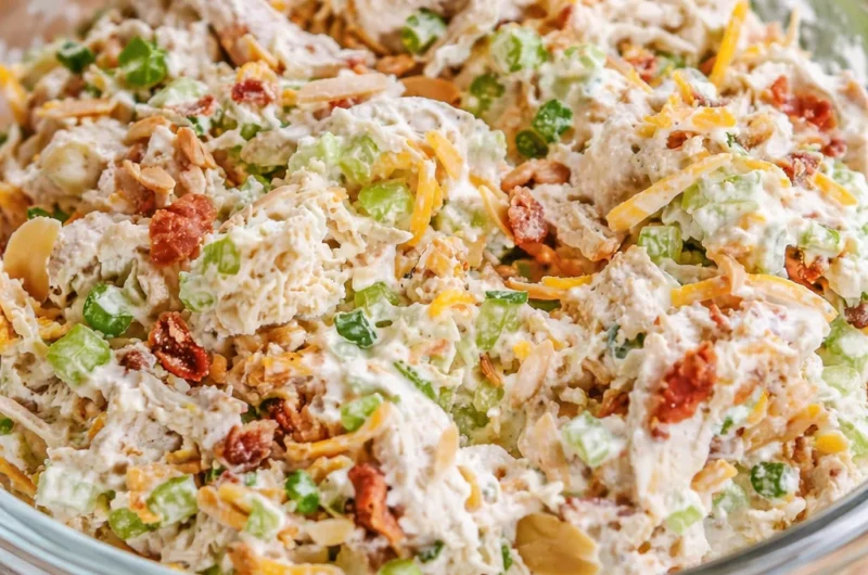 Delicious Million Dollar Chicken Salad with chicken, bacon, and creamy dressing.